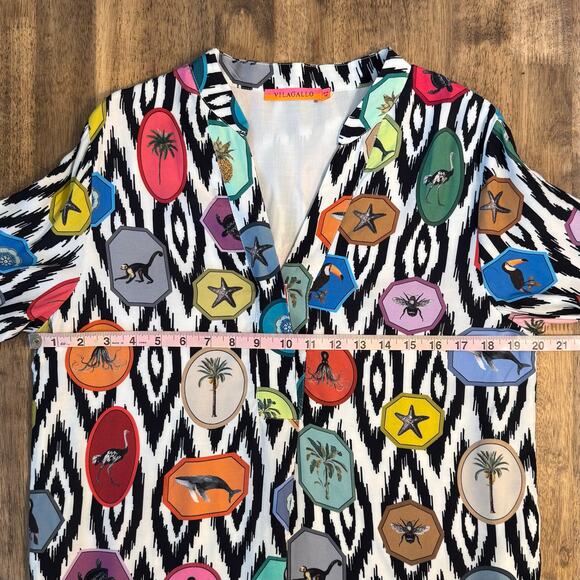 Vilagallo Women’s Ikat Exotic Animal V Neck Popover Dress Resort Cruise Size 42 - Picture 4 of 8